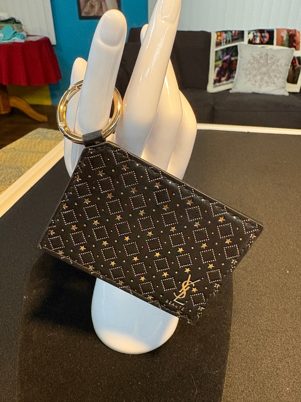 Saint Laurent Black Quilted Star-Print Card Holder Keyring and Mirror